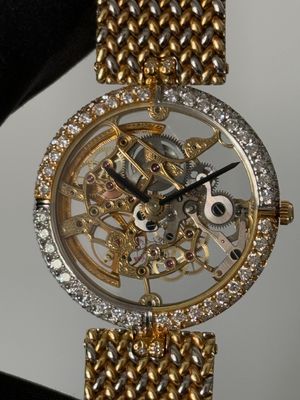 ​GERALD GENTA Skeleton Openworked G1704 18K Yellow Gold and White Gold Factory Diamonds Deux Or Two-Tone Milanese Automatic 34mm 1990's