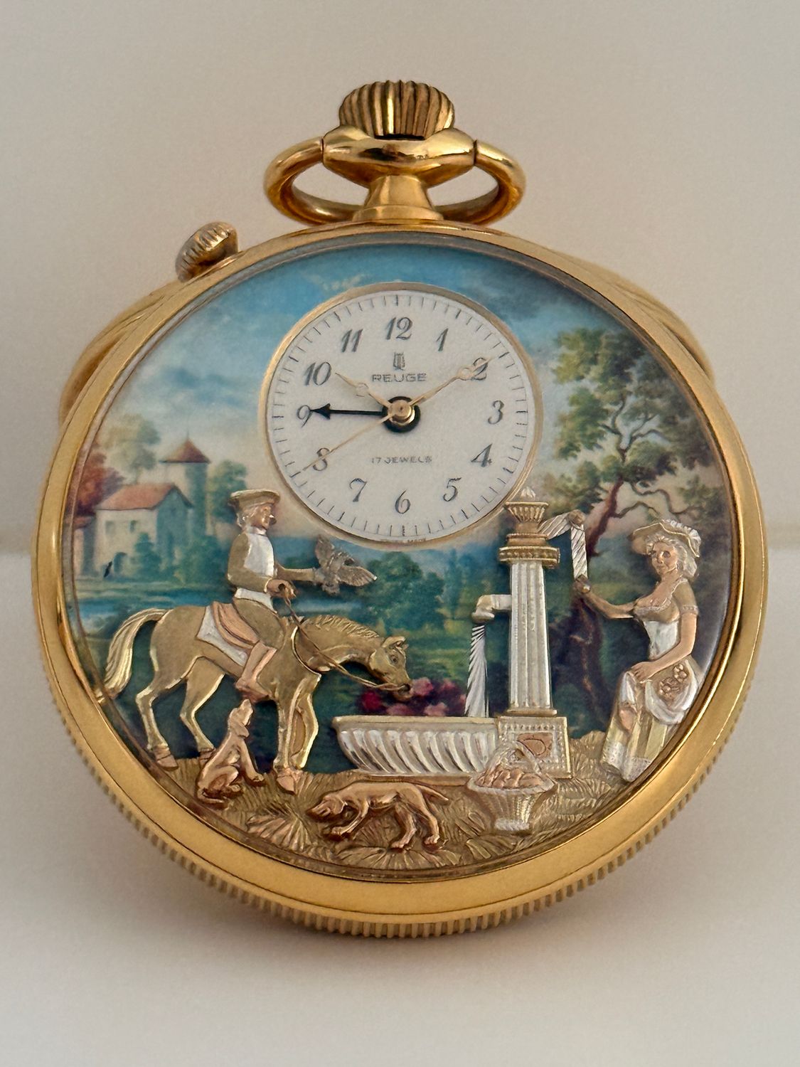​REUGE Pocket Watch Musical Alarm Strike Automaton Jacquemart Yellow Gold 57mm Casanova Countryside Fountain Scene Coin Edge Manual De Bethune Sainte-Croix 1985