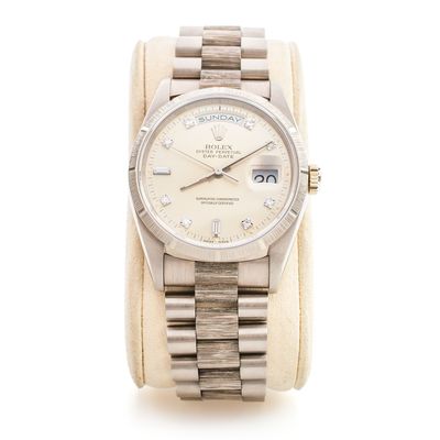 ROLEX 18249 Day-Date 36mm President White Gold Bark Finish Diamond Dial Factory Set 1991 ROLEX 18249 Day-Date 36mm President White Gold Bark Finish Diamond Dial Factory Set 1991
