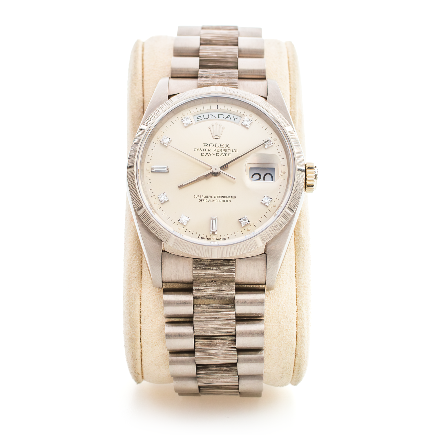 ROLEX 18249 Day-Date 36mm President White Gold Bark Finish Diamond Dial Factory Set 1991 ROLEX 18249 Day-Date 36mm President White Gold Bark Finish Diamond Dial Factory Set 1991