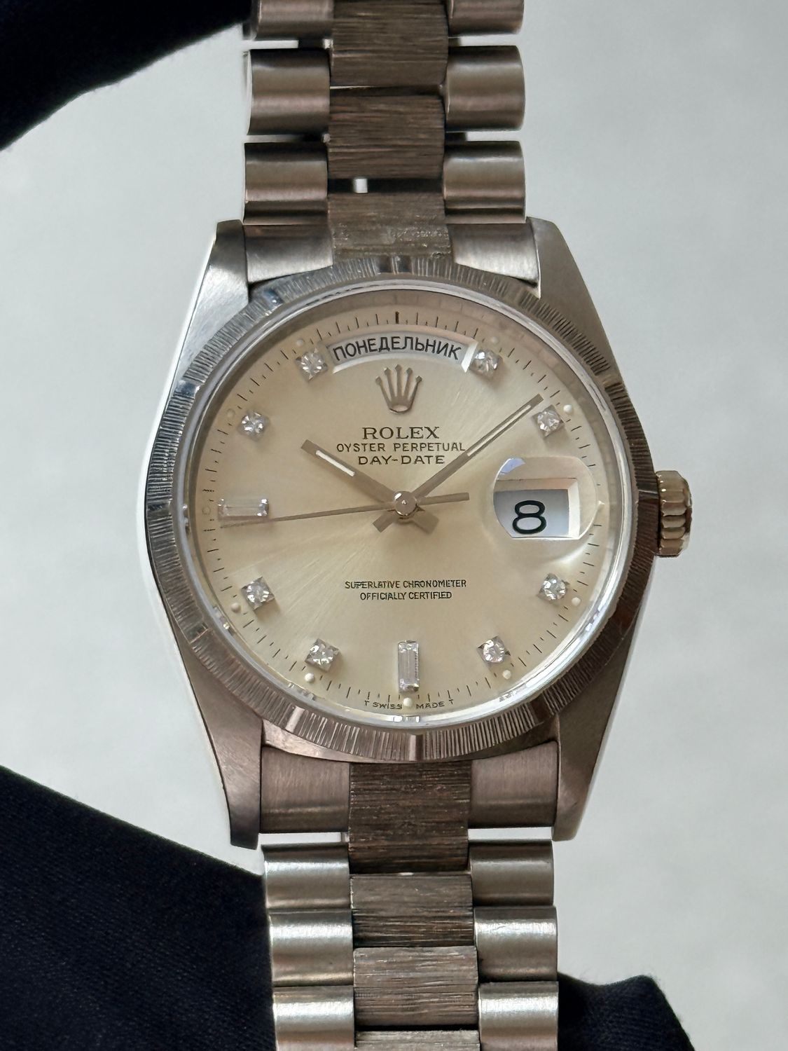 ROLEX Day-Date 18249 Cyrillic 18k White Gold Bark 36mm President Diamond Dial Factory Set 1991