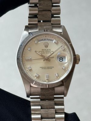 ROLEX Day-Date 18249 Cyrillic 18k White Gold Bark 36mm President Diamond Dial Factory Set 1991