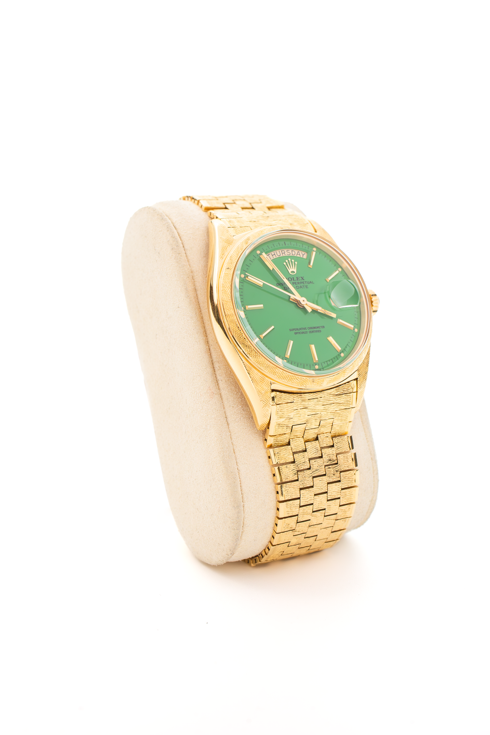 ​ROLEX 1806 Day-Date Green STELLA Dial Florentine Finish Brick Bracelet 1966 Yellow Gold