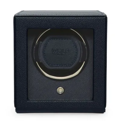 WOLF Watch Winder Cub Single with Cover NAVY BLUE Leather Chrome - NEW WOLF Watch Winder Cub Single with Cover NAVY BLUE Leather Chrome - NEW