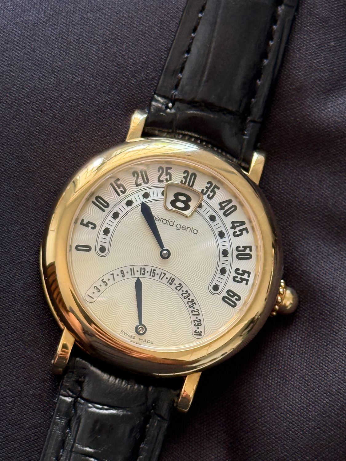 ​GERALD GENTA Bi-Retro G3715 Jump Hour Retrograde Mother of Pearl 34mm 18k Yellow Gold Automatic 1999