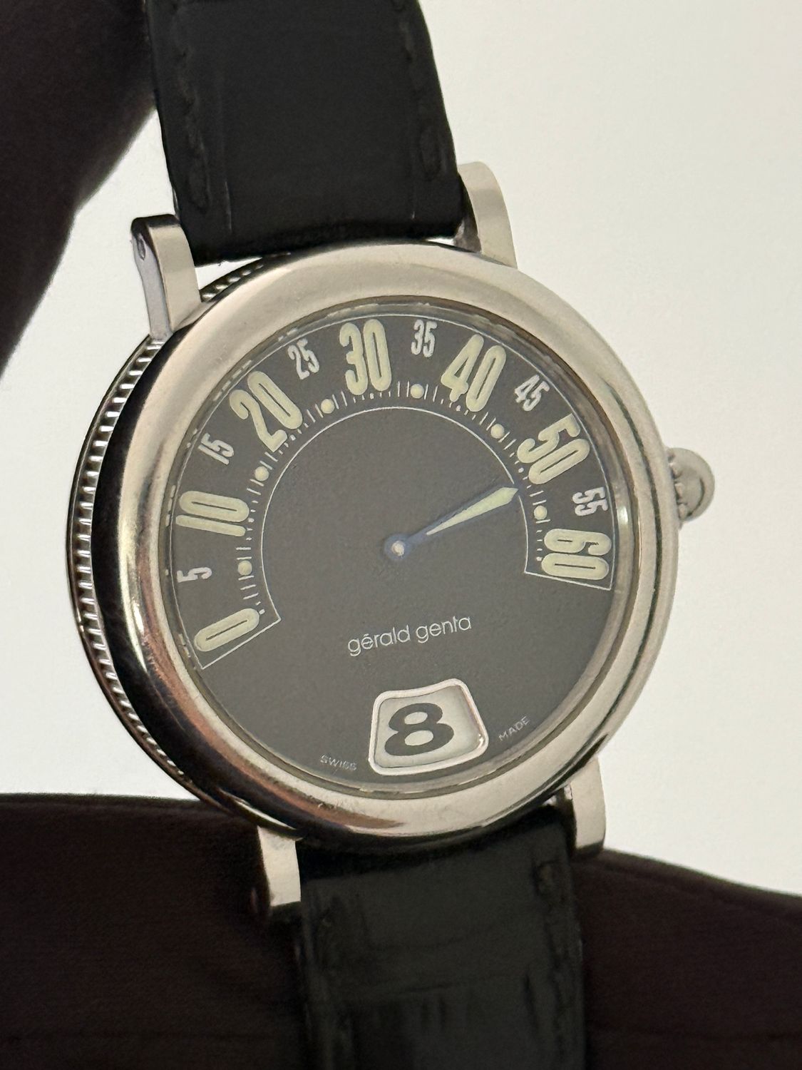 GERALD GENTA Retro G.3614 Jump Hour Retrograde Black Automatic 34mm Stainless Steel 1999 GERALD GENTA Retro G.3614 Jump Hour Retrograde Black Automatic 34mm Stainless Steel 1999