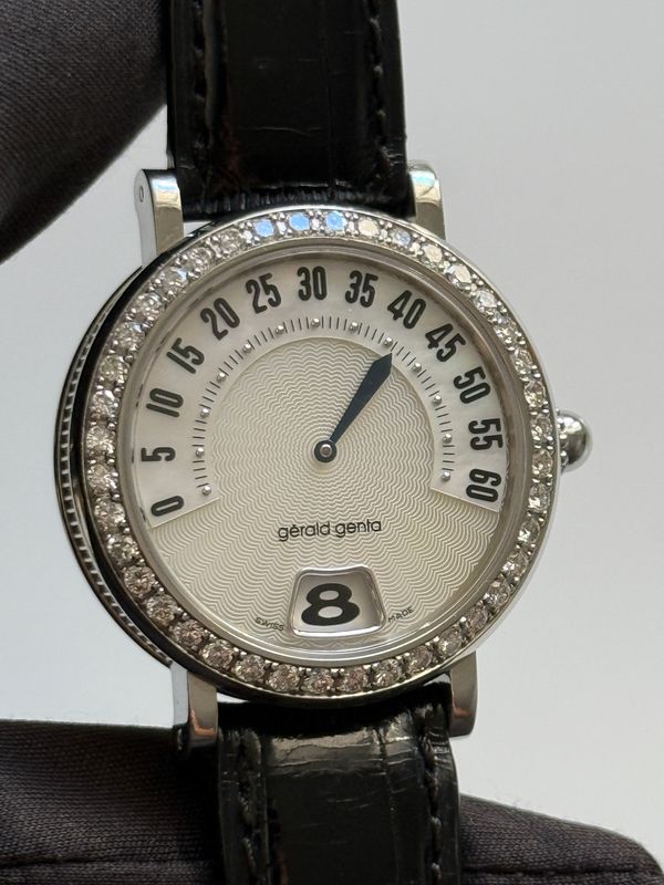 ​GERALD GENTA Retro G.3614 Mother of Pearl MOP Jump Hour Retrograde Stainless Steel Diamonds 34mm Automatic 1999