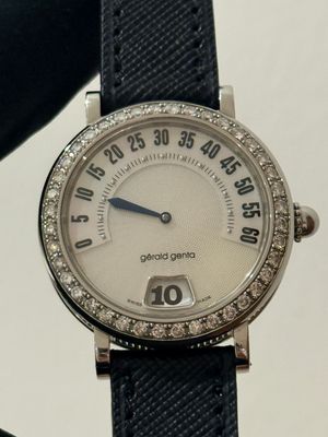 ​GERALD GENTA Retro G.3614 Mother of Pearl MOP Jump Hour Retrograde Stainless Steel Diamonds 34mm Automatic 1999