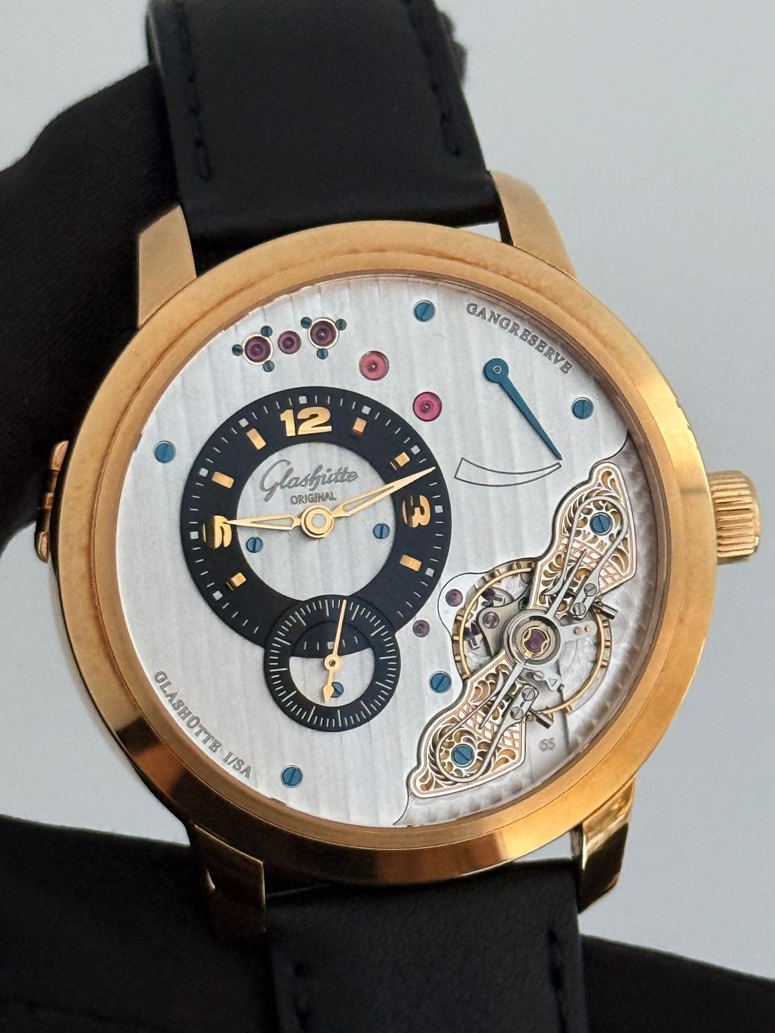 GLASHUTTE ORIGINAL PanoInverse XL W166-01-01-31-05 Hunter Officer Case Semi-Skeleton Power Reserve Manual Red Rose Gold 42mm FULL SET 2010 GLASHUTTE ORIGINAL PanoInverse XL W166-01-01-31-05 Hunter Officer Case Semi-Skeleton Power Reserve Manual Red Rose Gold 42mm