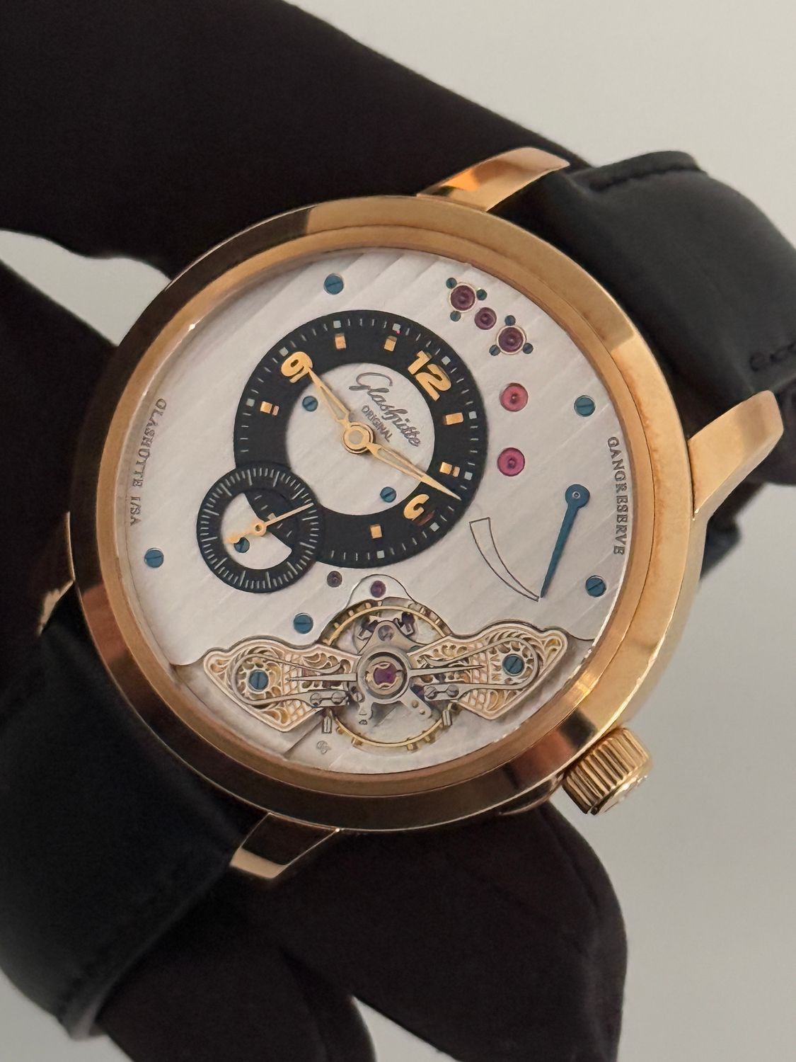 ​GLASHUTTE ORIGINAL PanoInverse XL W166-01-01-31-05 Hunter Officer Case Semi-Skeleton Power Reserve Manual Red Rose Gold 42mm