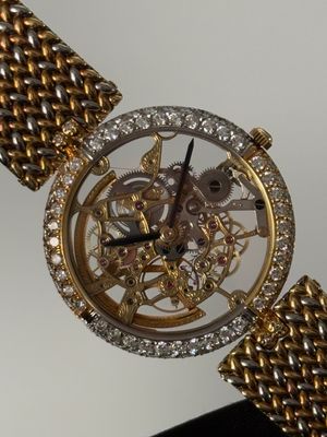 GERALD GENTA Skeleton Openworked G1704 18K Yellow Gold and White Gold Factory Diamonds Deux Or Two-Tone Milanese Automatic 34mm 1990's