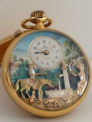 ​REUGE Pocket Watch Musical Alarm Strike Automaton Jacquemart Yellow Gold 57mm Casanova Countryside Fountain Scene Coin Edge Manual De Bethune Sainte-Croix 1985