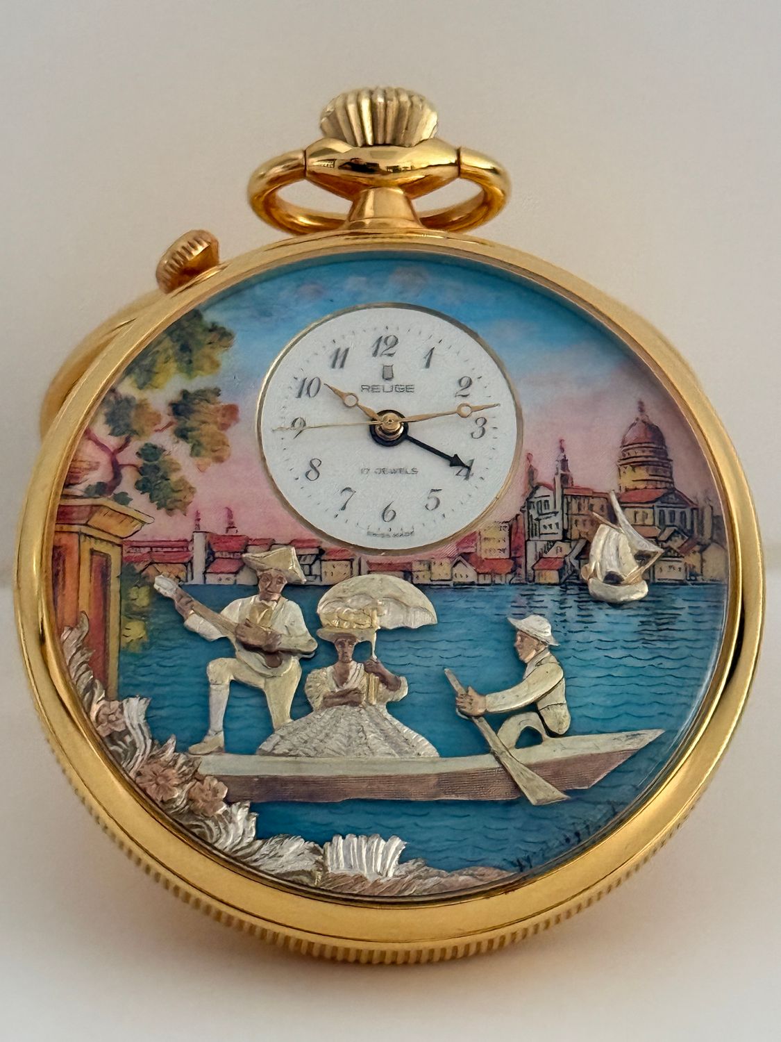 REUGE Pocket Watch Musical Alarm Strike Automaton Jacquemart Yellow Gold 57mm Venice Carnival Canal Scene Coin Edge Manual De Bethune Sainte-Croix 1980's REUGE Pocket Watch Musical Alarm Strike Automaton Jacquemart Yellow Gold 57mm Venice Carnival Canal Scene Coin Edge Manual De Bethune Sainte-Croix 1980's