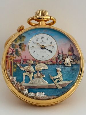 REUGE Pocket Watch Musical Alarm Strike Automaton Jacquemart Yellow Gold 57mm Venice Carnival Canal Scene Coin Edge Manual De Bethune Sainte-Croix 1980's REUGE Pocket Watch Musical Alarm Strike Automaton Jacquemart Yellow Gold 57mm Venice Carnival Canal Scene Coin Edge Manual De Bethune Sainte-Croix 1980's