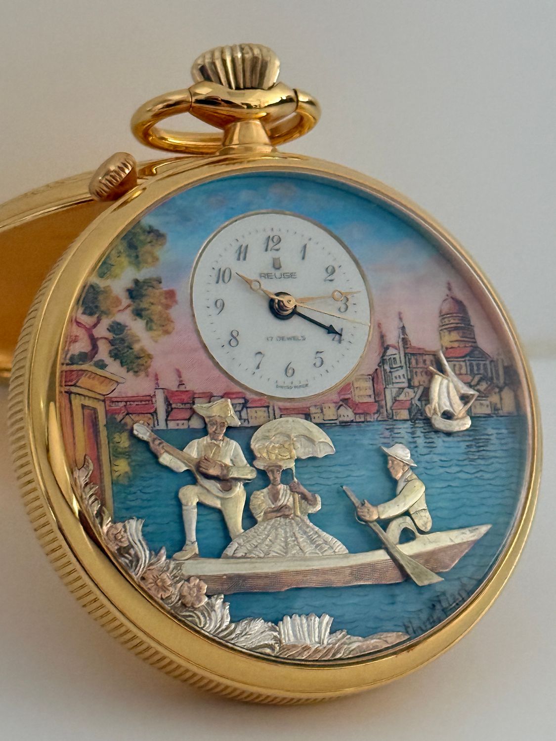 ​REUGE Pocket Watch Musical Alarm Strike Automaton Jacquemart Yellow Gold 57mm Venice Carnival Canal Scene Coin Edge Manual De Bethune Sainte-Croix 1980's