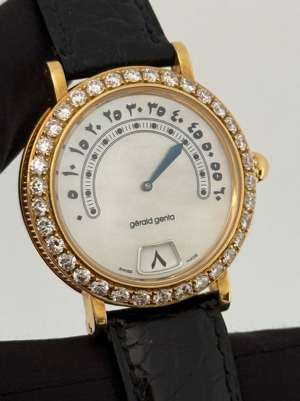 ​GERALD GENTA Retro G.3632.7 Eastern Arabic Mother of Pearl MOP 18k Yellow Gold Diamonds Jump Hour Retrograde Minutes Automatic 36mm 1999
