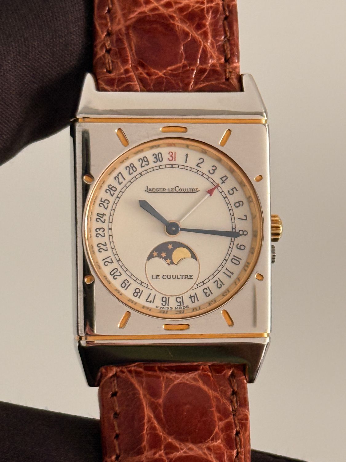 ​JAEGER-LECOULTRE 400.6.20 Tank Moonphase Triple Pointer Date JLC 18k Yellow Gold Steel 24mm x 38mm Quartz