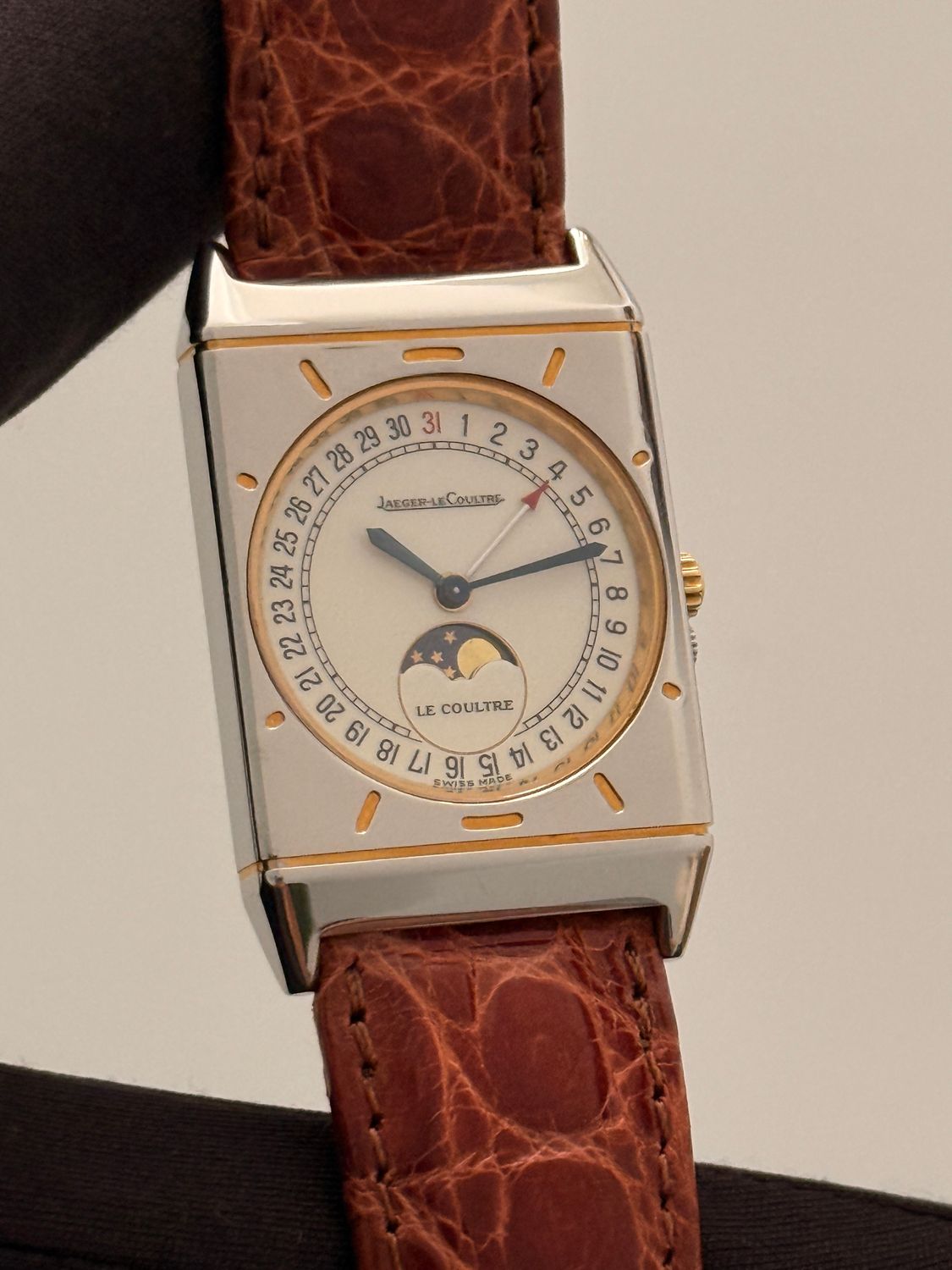 ​JAEGER-LECOULTRE 400.6.20 Tank Moonphase Triple Pointer Date JLC 18k Yellow Gold Steel 24mm x 38mm Quartz