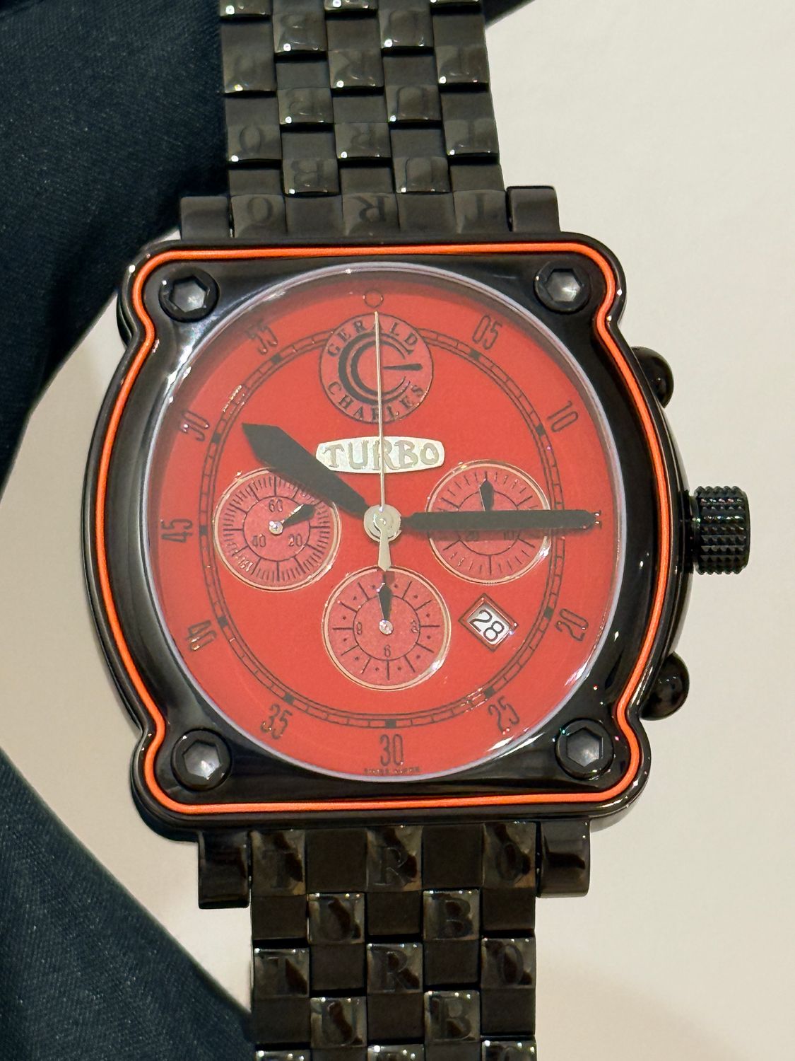 ​GERALD CHARLES GENTA Turbo GC16 Chronograph Date Red Racing PVD Stainless Steel 48mm Automatic Circa 2003