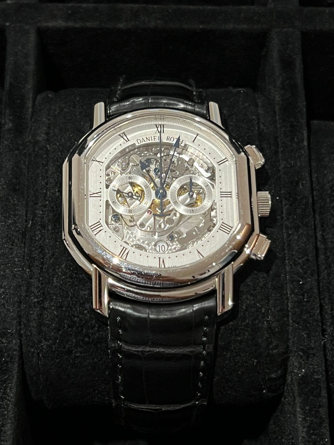 DANIEL ROTH Skeleton 447.X.60 Chronograph 18k White Gold Masters Chronograph Openwork Automatic 38mm (Black Leather) DANIEL ROTH Skeleton 447.X.60 Chronograph 18k White Gold Masters Chronograph Openwork Automatic 38mm (Black Leather)