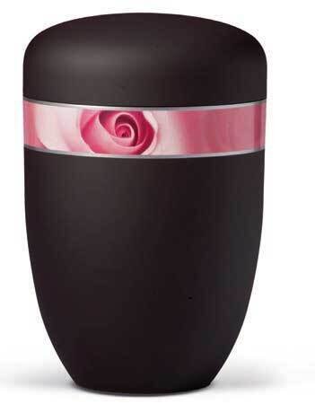 Schwarz lackierte Stahlurne mit Rose