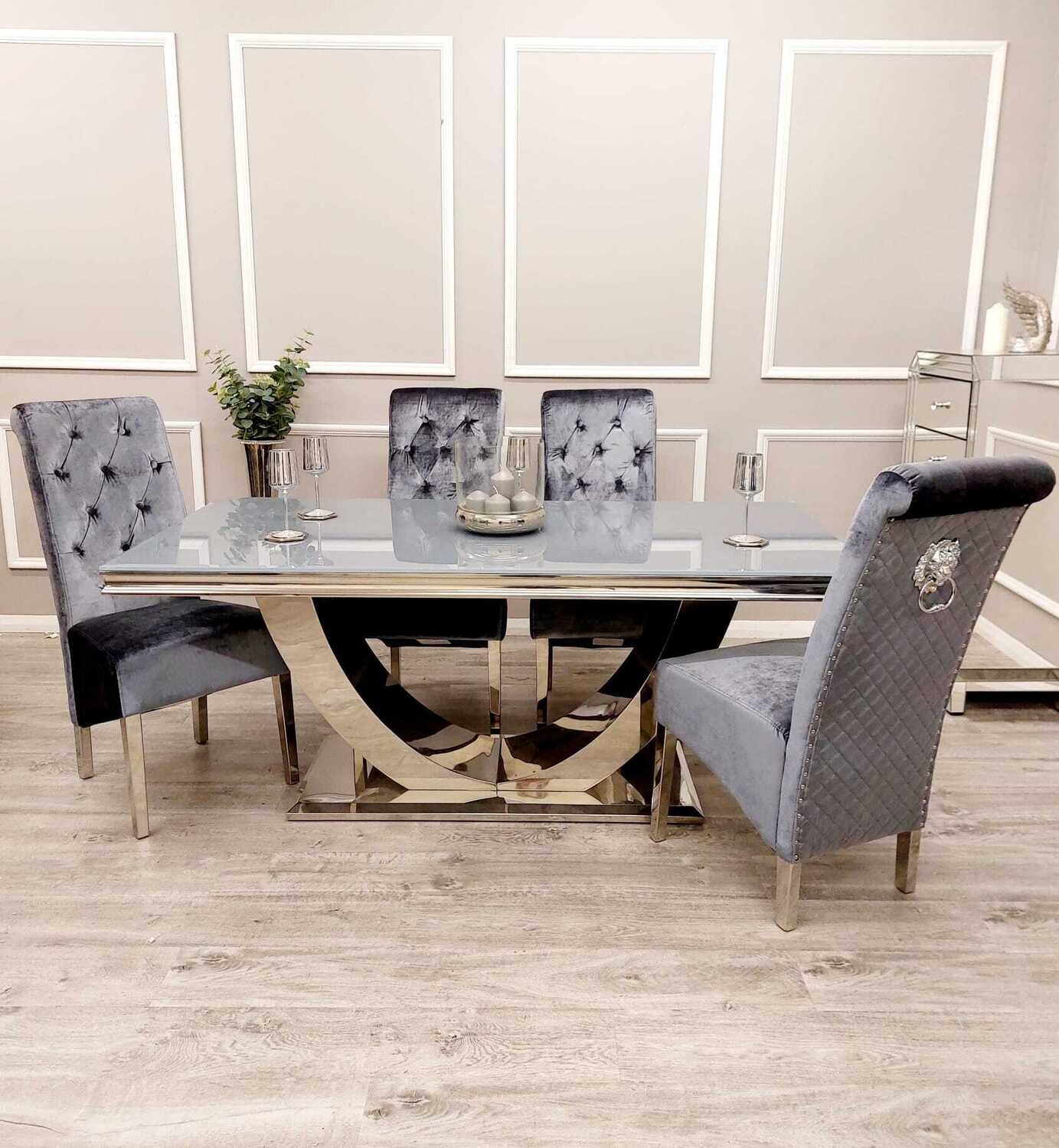 Leon Dining Table in Grey Glass with 4 Emmet Grey Shimmer Chairs