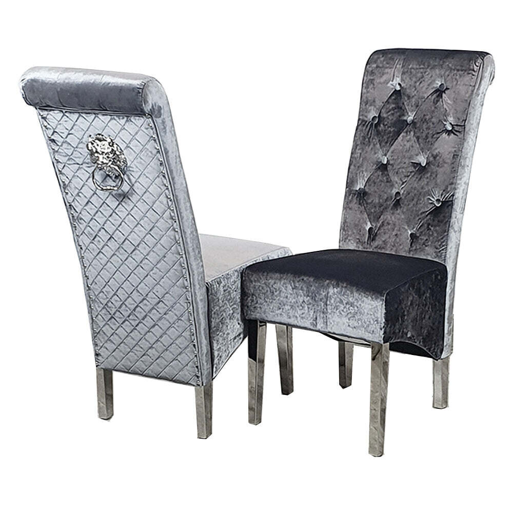 Leon Dining Table in Grey Glass with 4 Emmet Grey Shimmer Chairs