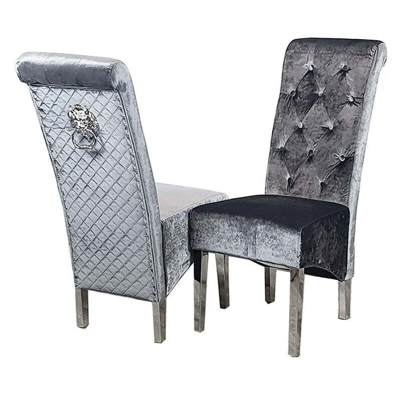 Leon Dining Table in Grey Glass with 4 Emmet Grey Shimmer Chairs