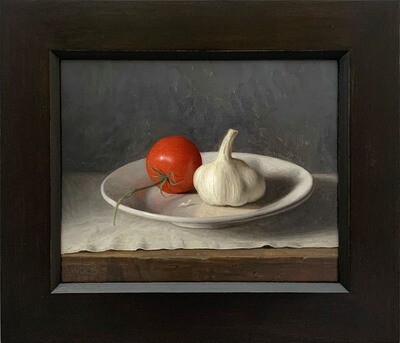 Justin Wood, "Garlic and Tomato", Oil on panel, 8 x10 inches