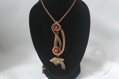 Carnelian dolphin handwoven in copper necklace
