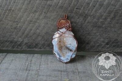 Raw druzy agate dragon egg and fire opal in copper necklace