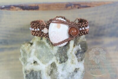 Scolecite, peach moonstone and aventurine hand woven copper bracelet