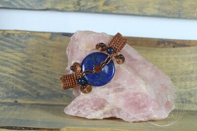 Lapis Pi stone, lapis bead and garnet beads woven in copper cuff