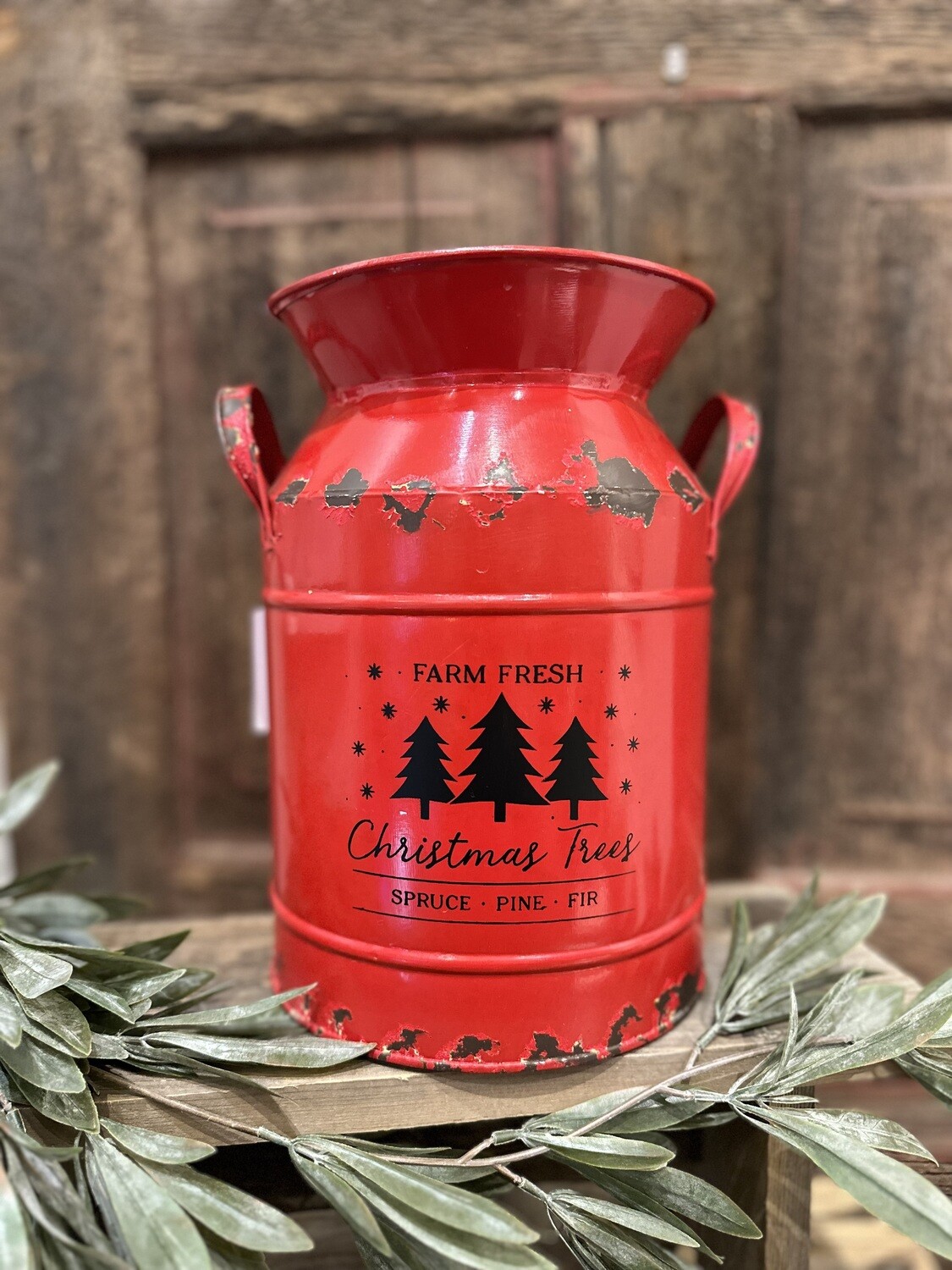 METAL RED CHRISTMAS TREE MILK CAN