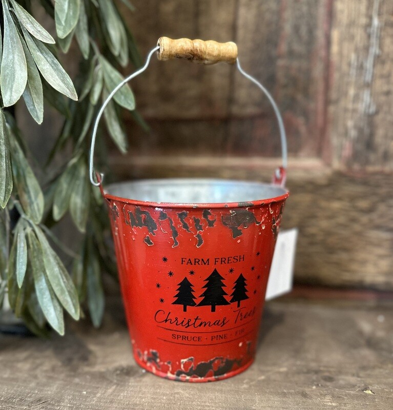 SMALL METAL RED CHRISTMAS TREE BUCKET W/ HANDLE