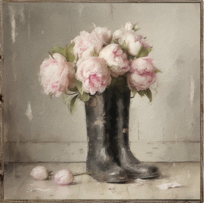 RUBBER BOOTS &amp; PEONIES OIL PAINTING - LH