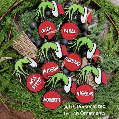 PERSONALIZED GRINCH ORNAMENTS SET/6