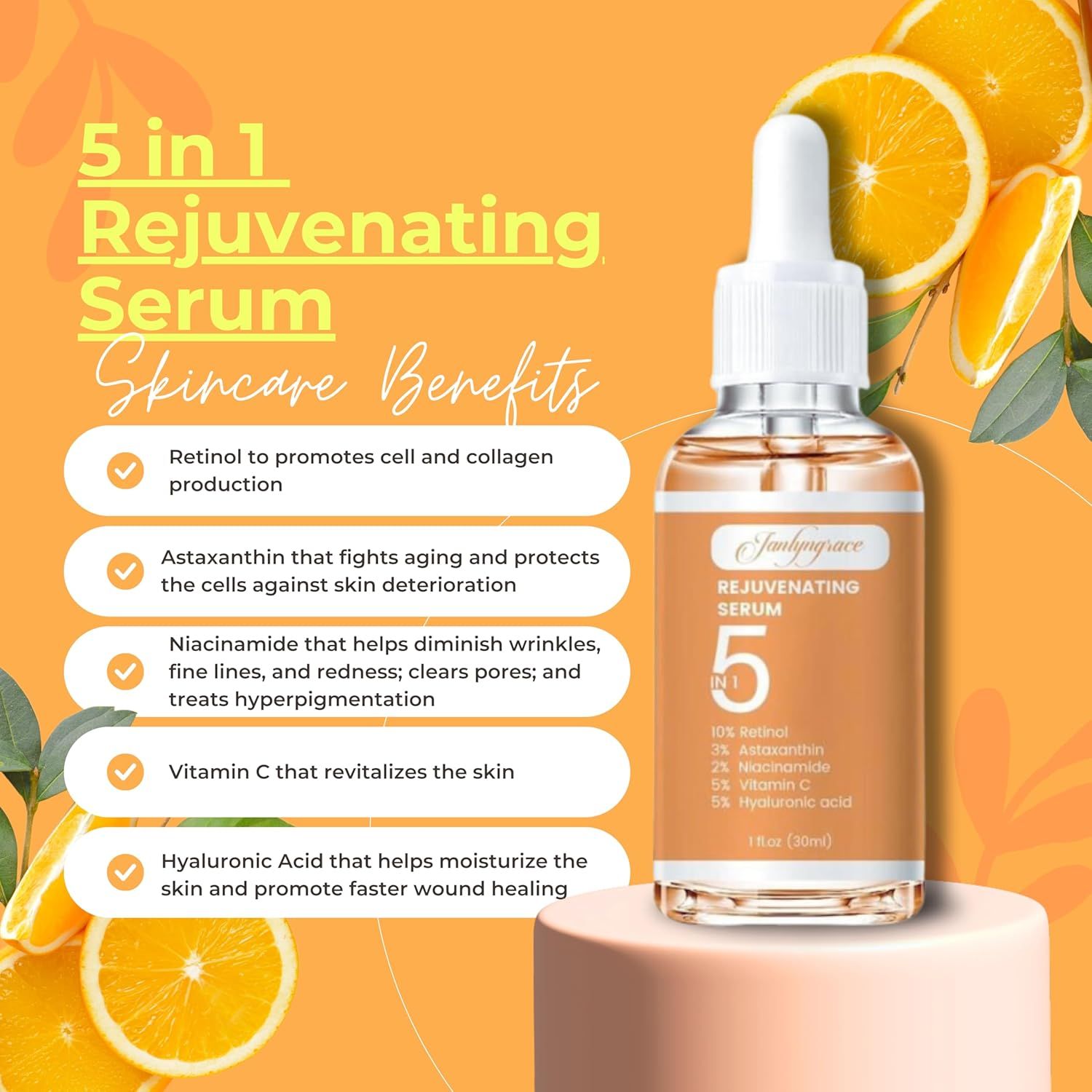 5-in-1 Rejuvenating Serum with Retinol, Astaxanthin & Niacinamide – Hydrating Formula for Healthy Skin Texture