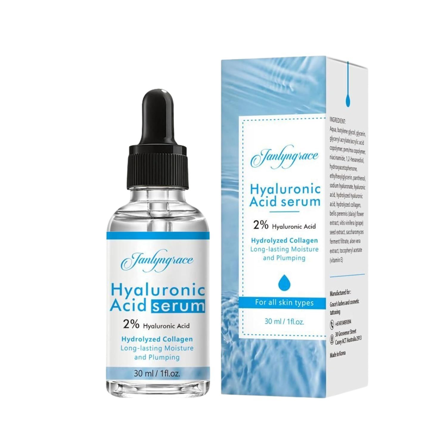 Hyaluronic Serum - Hydrating Face Serum with 2% Hyaluronic Acid and Hydrolyzed Collagen - Helps Targets Dry Skin, Wrinkles, and Fine Lines