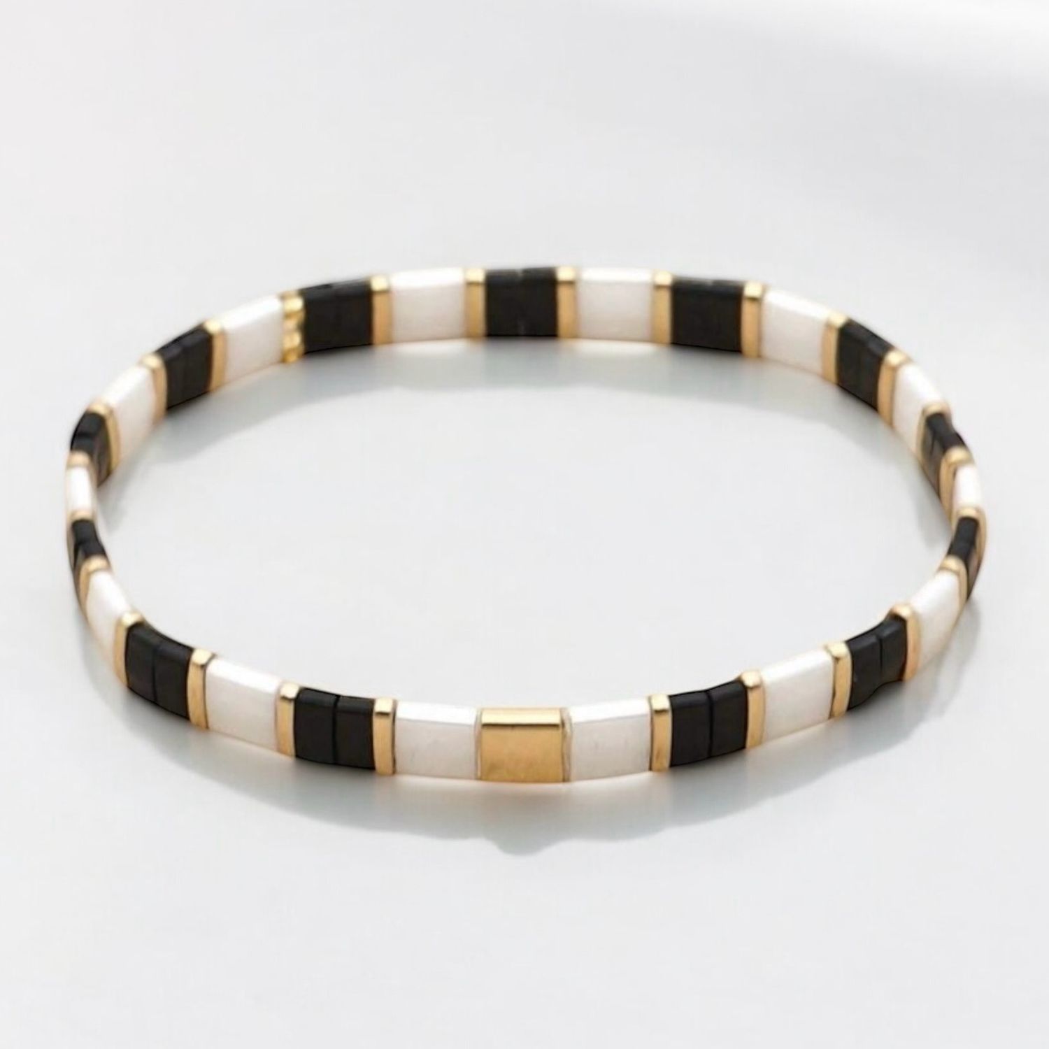 Black, White &amp; Gold Miyuki Tila Bracelet