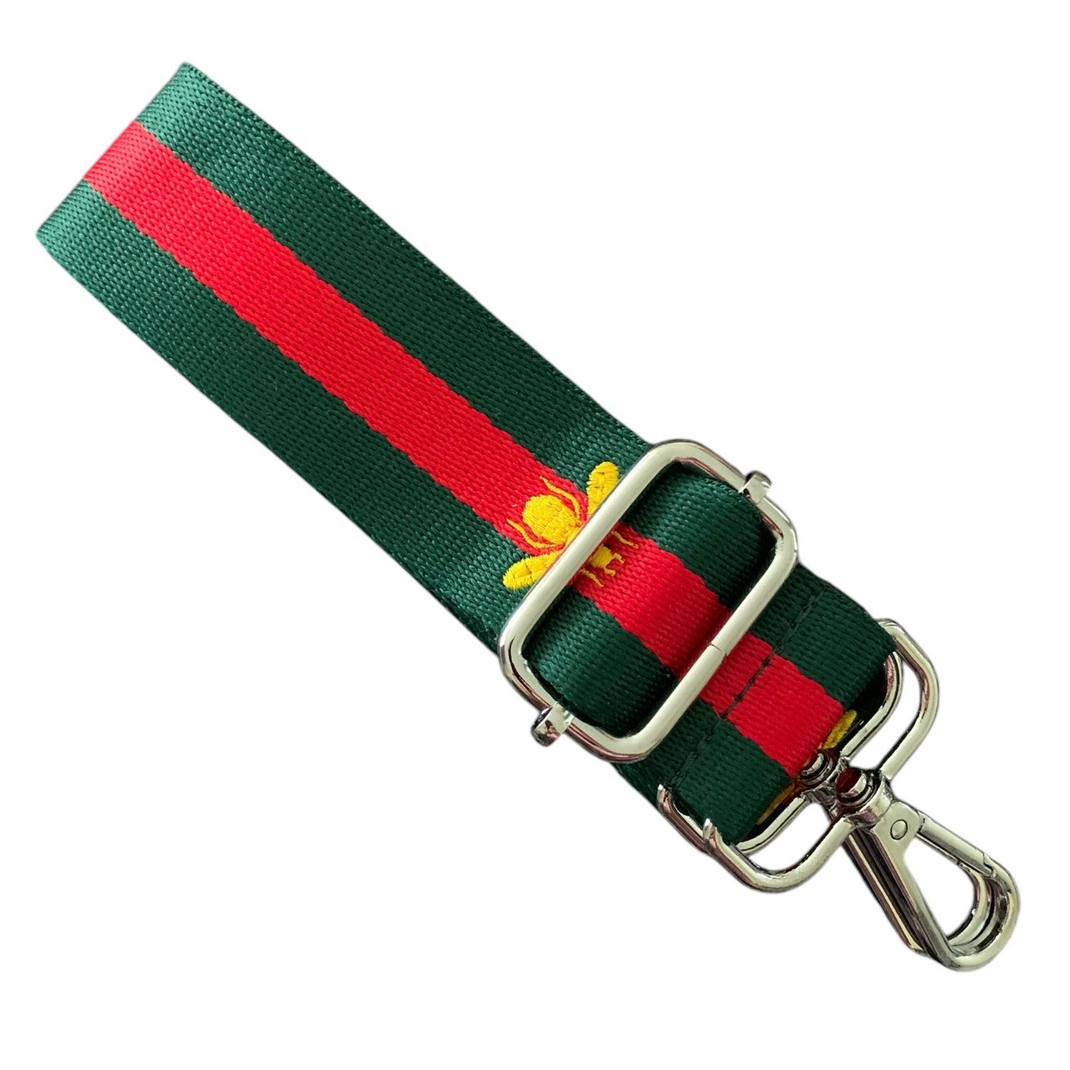 4cm Width Red &amp; Green Stripe Strap With Bees SILVER Hardware