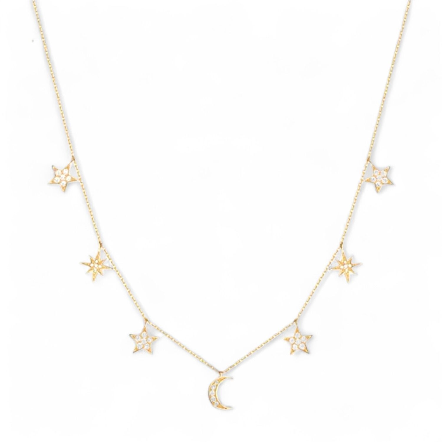 Crystal And Gold Plated Sterling Silver Stars Charm Necklace
