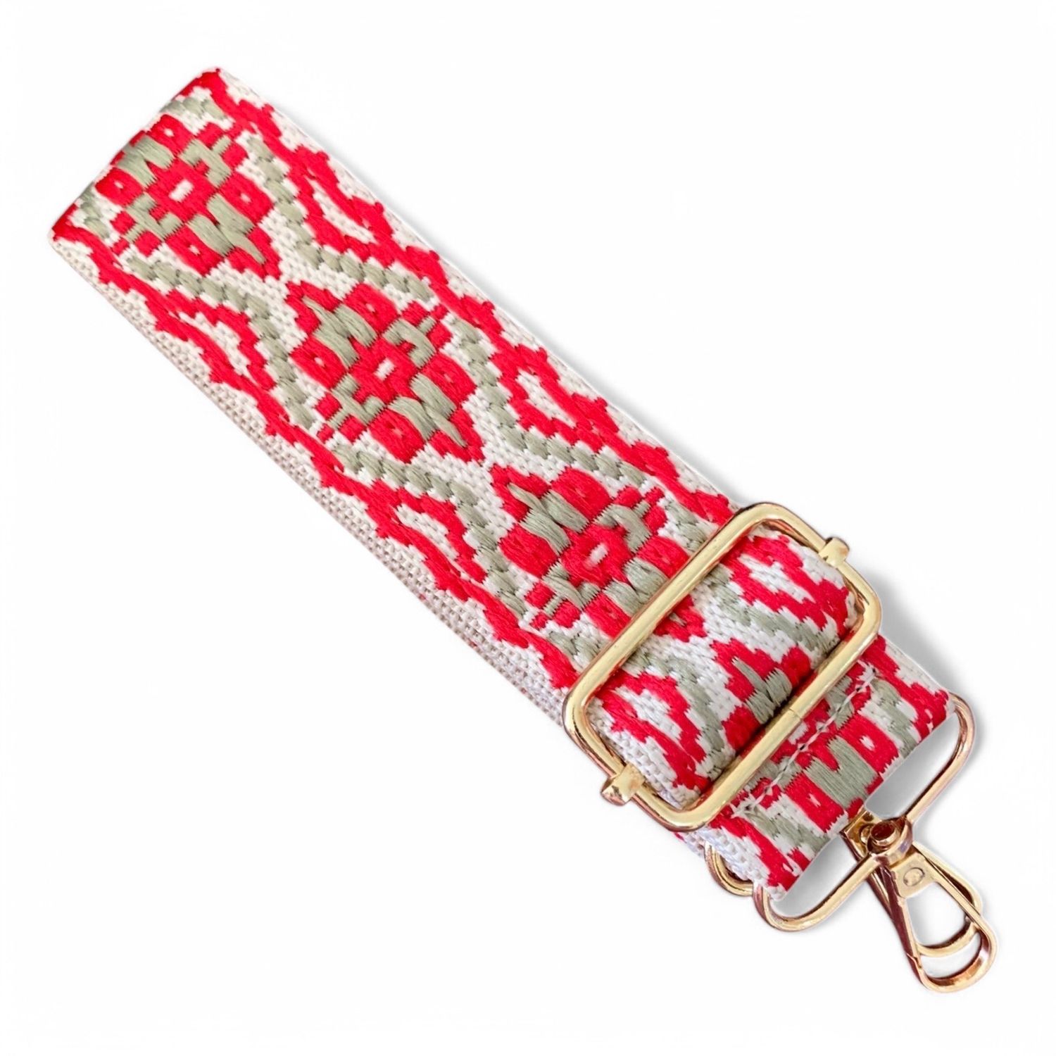 4cm Red &amp; Khaki Embroidered Strap With Gold Hardware