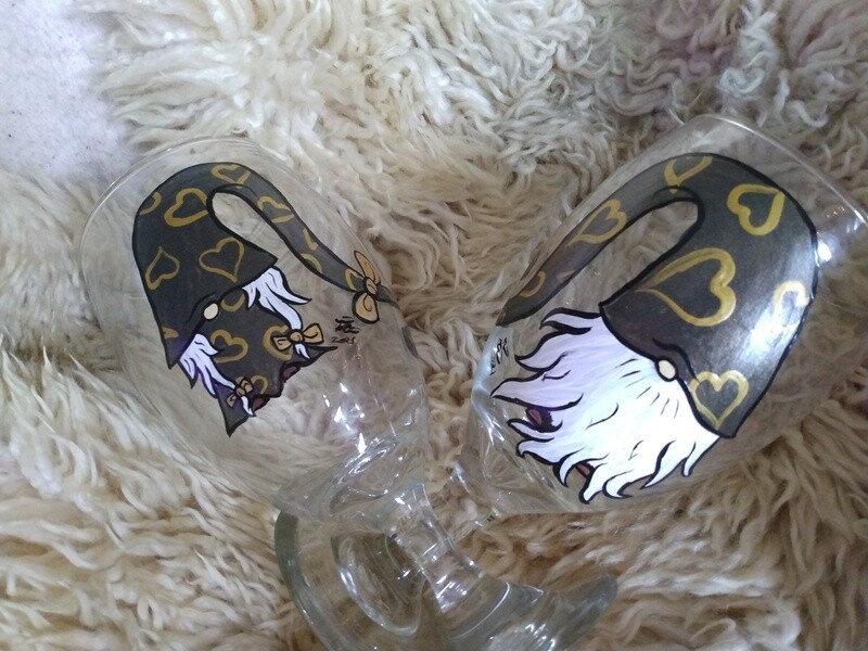 His and Hers Shimmering Olive and Gold Hears Gnome Goblets