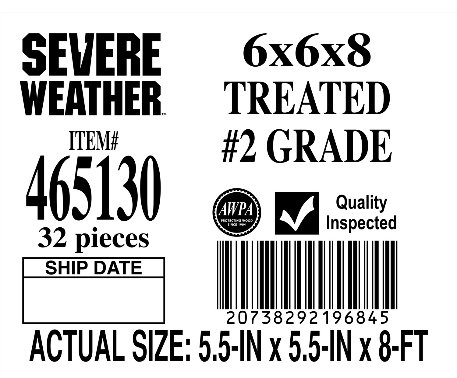 6 x 6 x 8 #2 GRADE - PLACARD - 19684-5 - ORDER IN INCREMENTS OF 100
