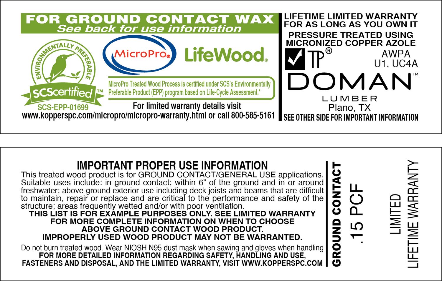 LIFEWOOD .15 WAX GROUND CONTACT - 2000 PER ROLL - 22,000 MINIMUM