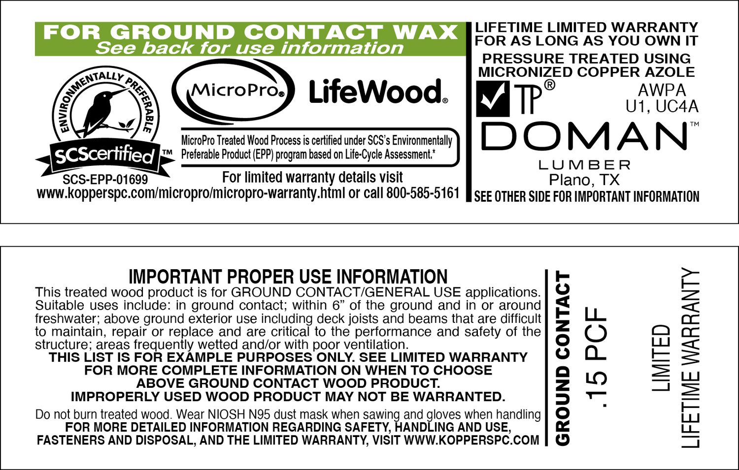 LIFEWOOD .15 WAX GROUND CONTACT - 2000 PER ROLL - 44,000 MINIMUM