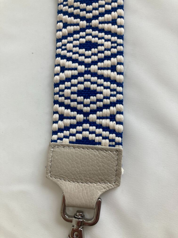 Cameratasriem stof wit/donkerblauw