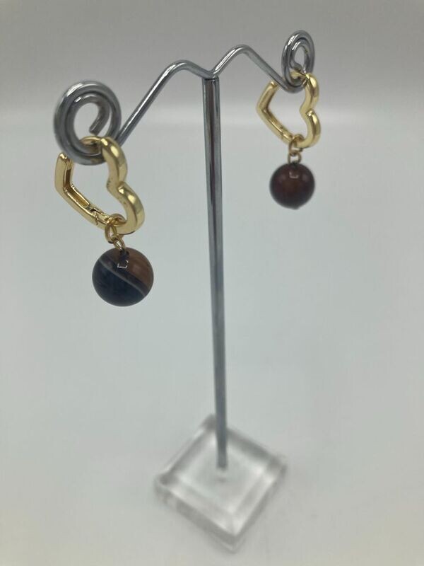 Oorring hoop hart met bruine parel