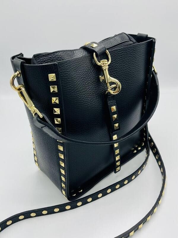 Handtas leder zwart met studs